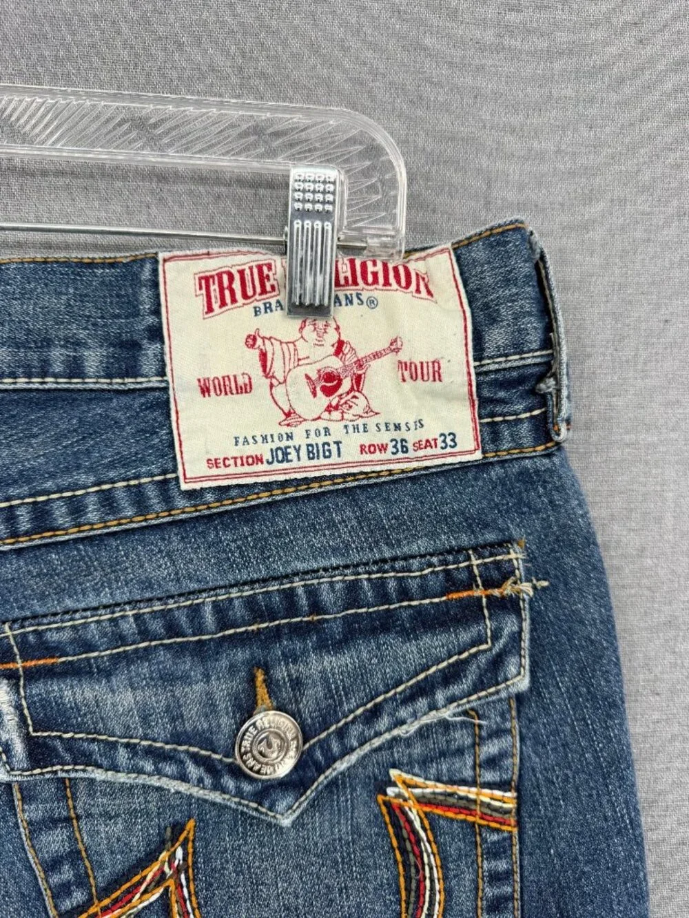 True Religion Joey Big T World Tour Jeans 36x33 Thick Stitch Flap Pockets Y2K
